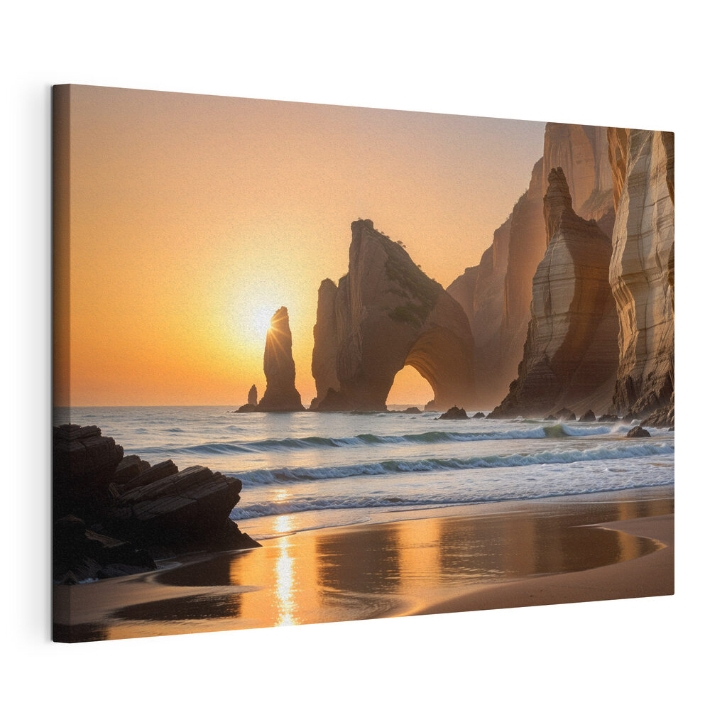 Sunset over a beach with rocks and water