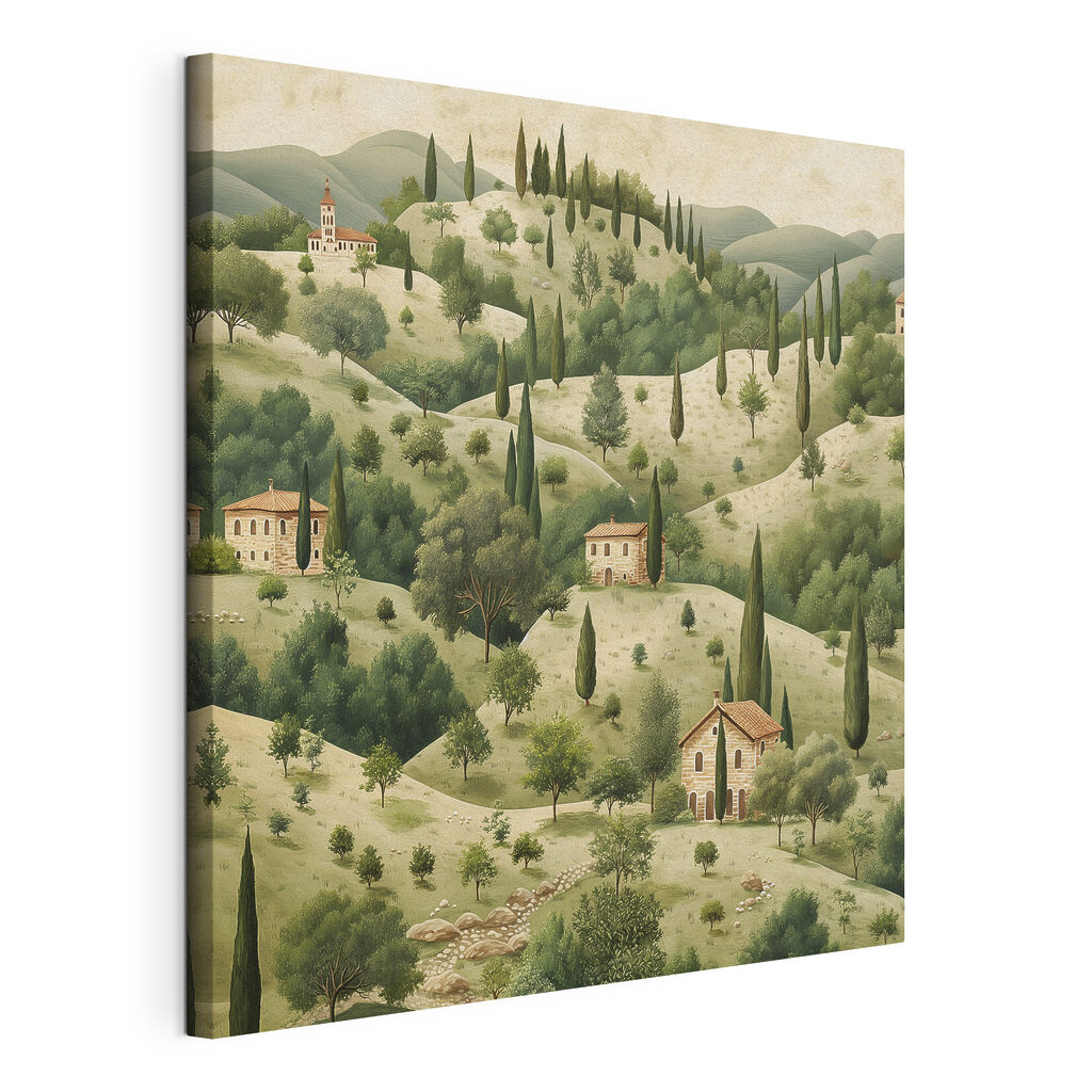 Painting of a landscape with houses and trees