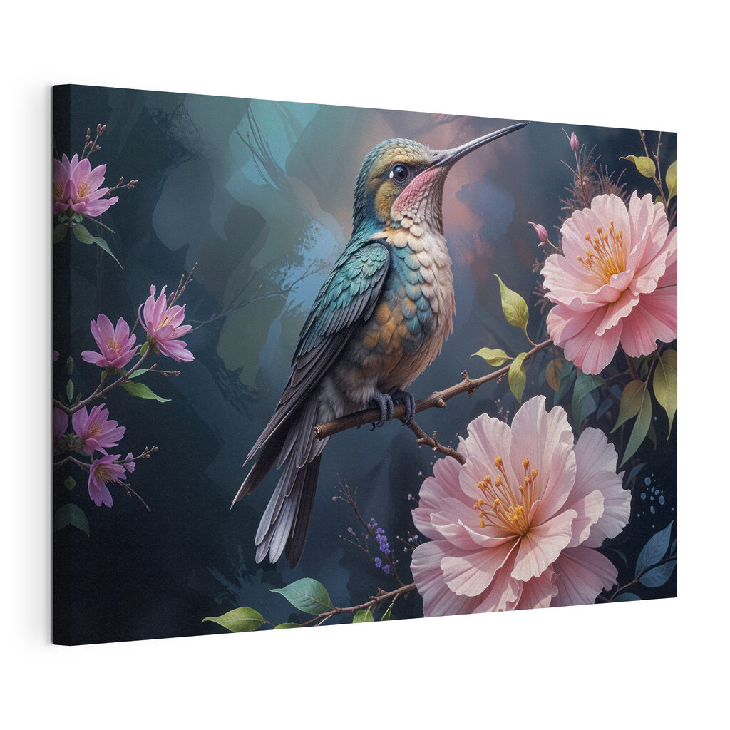 Bird sitting on a branch with flowers