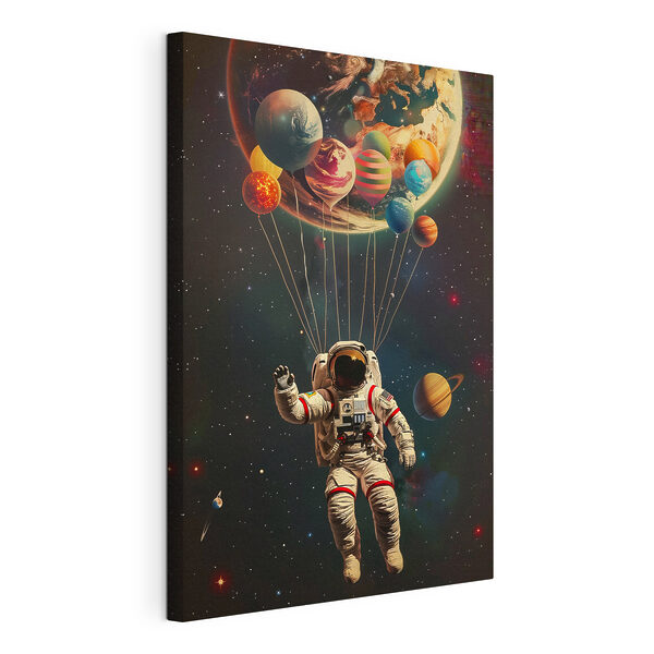 Astronauta unoszący się w przestrzeni kosmicznej z balonami Obraz Astronauta unoszący się w przestrzeni kosmicznej z balonami