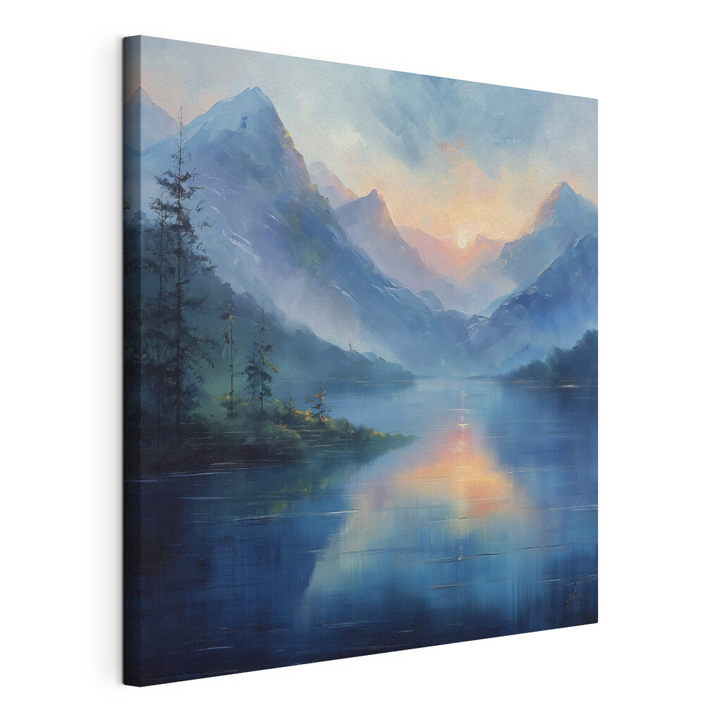 Painting of a lake with mountains and trees