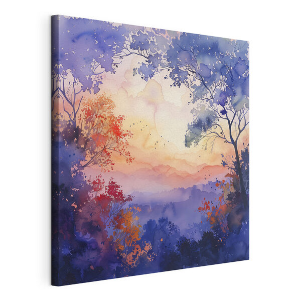 Watercolor painting of trees and a sunset