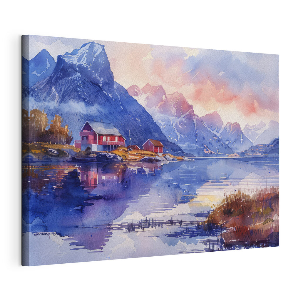 Watercolor painting of a house on a hill next to a lake Watercolor painting of a house on a hill next to a lake