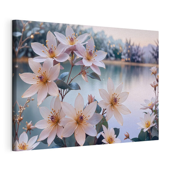 Group of white flowers next to a body of water