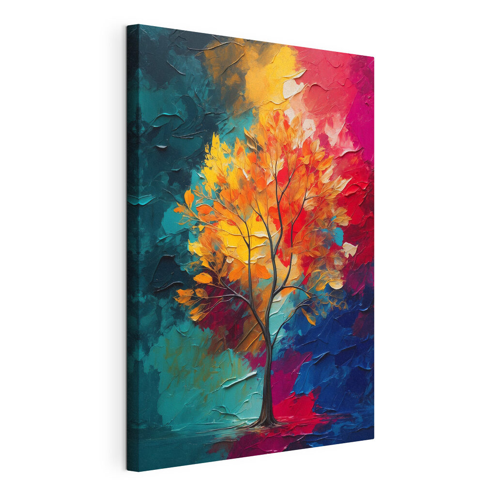 Painting of a tree with orange and blue leaves
