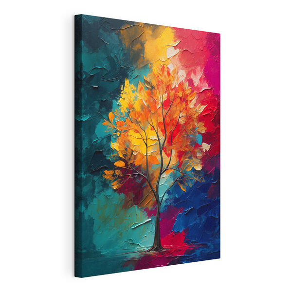 Painting of a tree with orange and blue leaves
