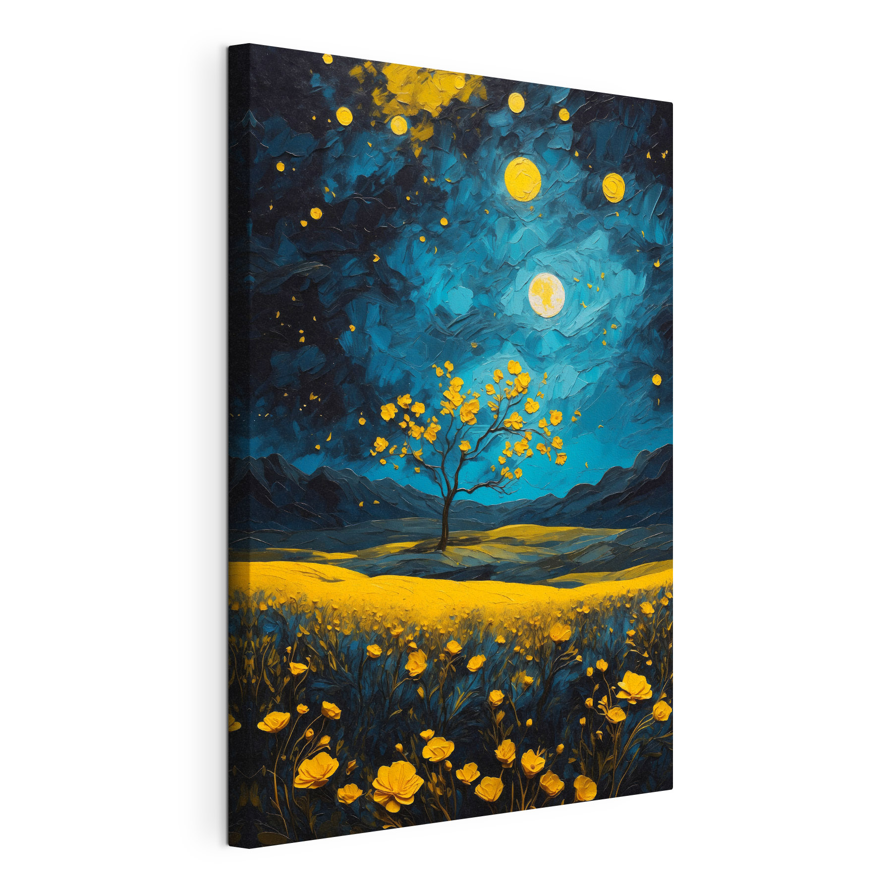 Painting of a tree in a field of flowers