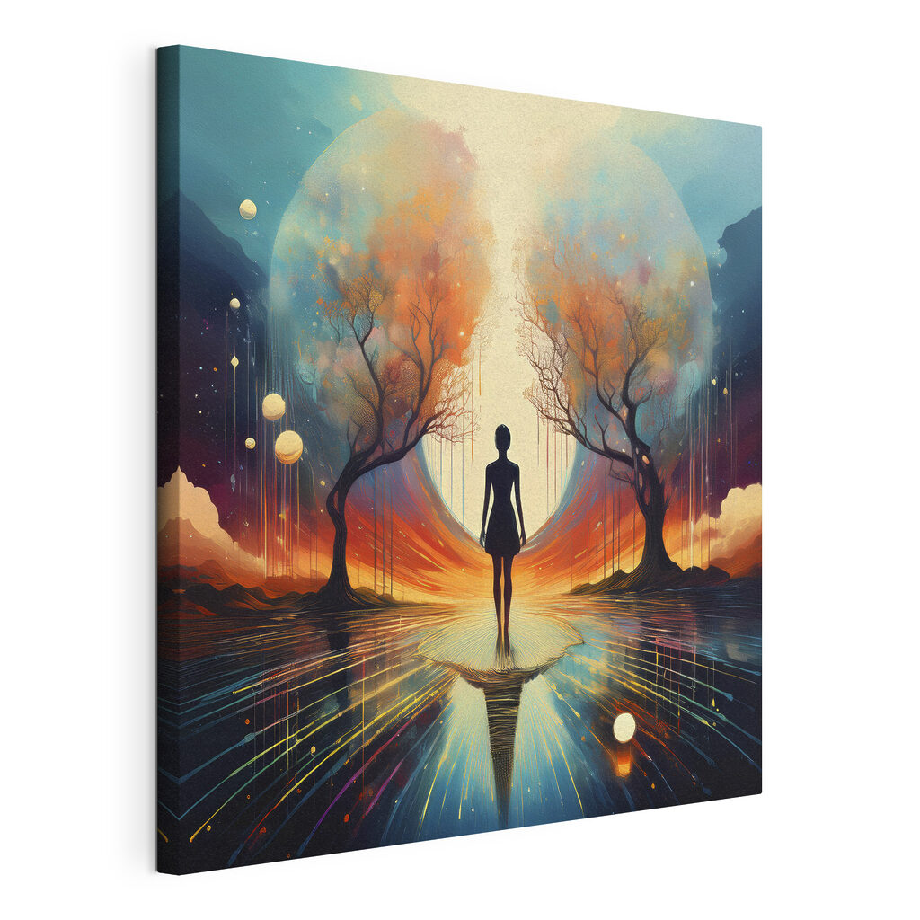 Woman standing on a reflective surface with trees and a large moon