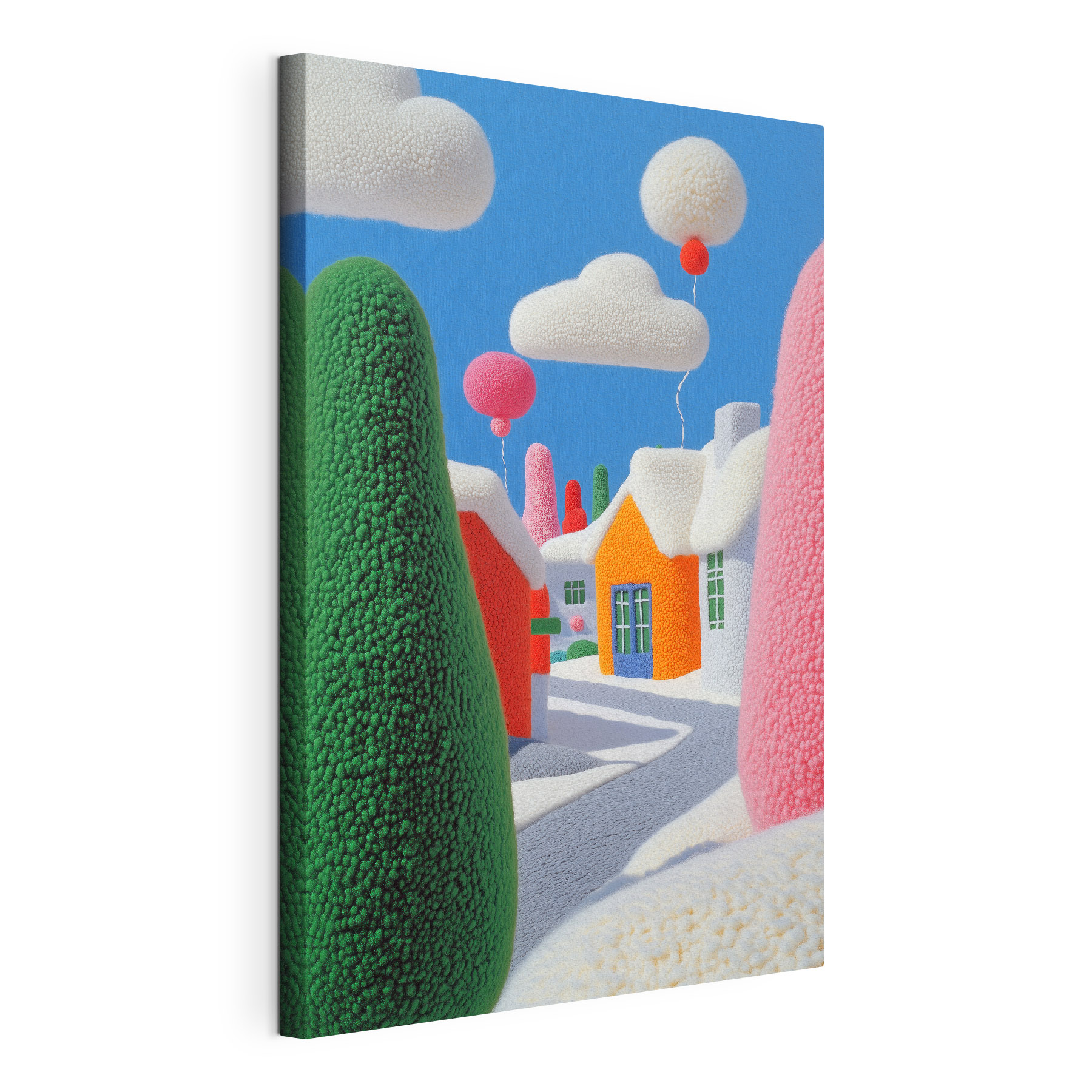 Cartoon town with trees and balloons