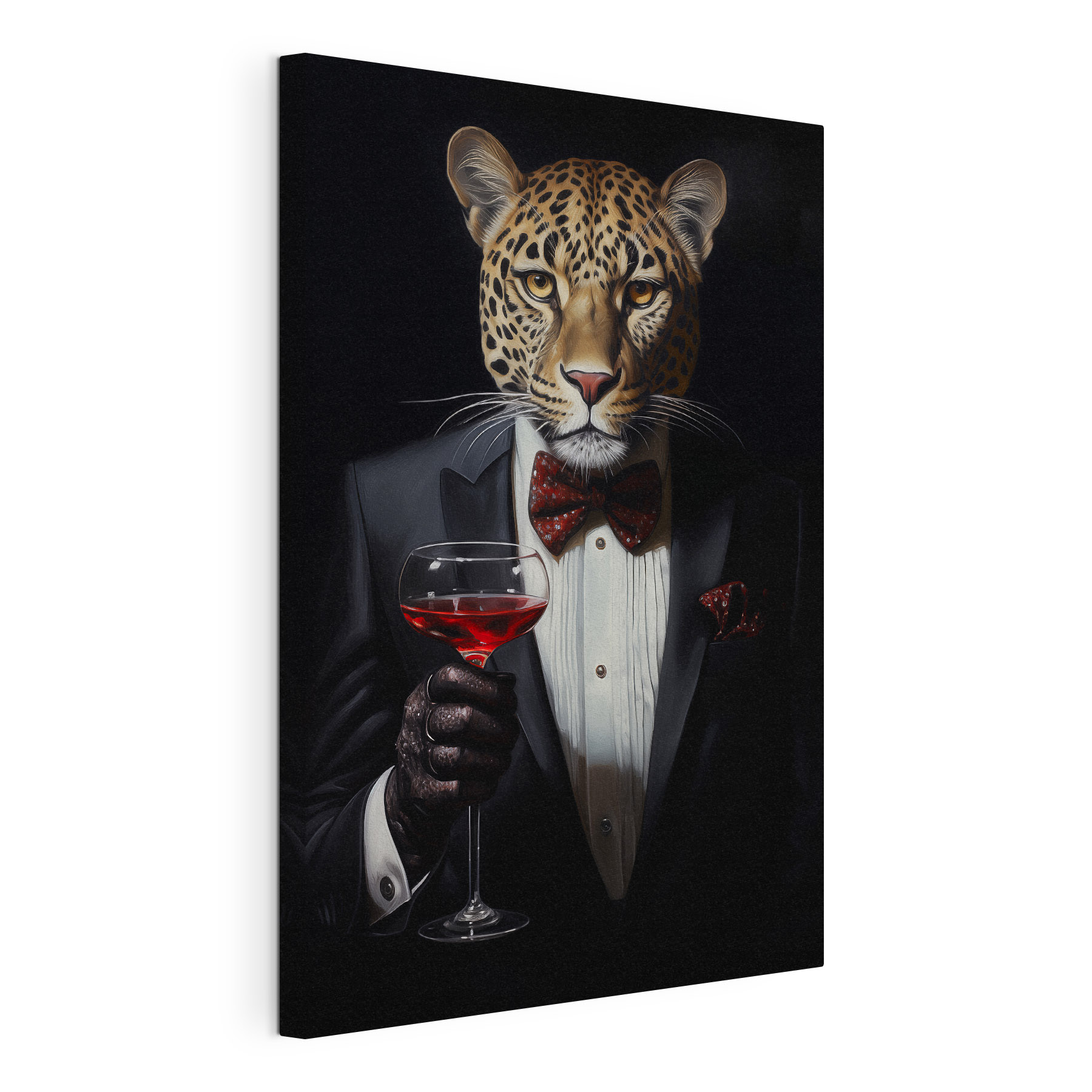 Leopard wearing a suit and bow tie holding a wine glass Leopard wearing a suit and bow tie holding a wine glass