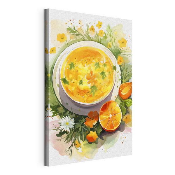 Bowl of orange soup with flowers and leaves