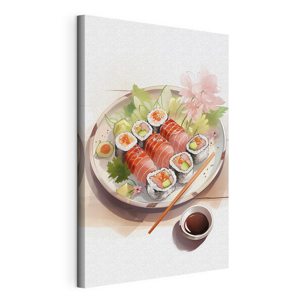 Obraz Talerz sushi z sosem i kwiatami