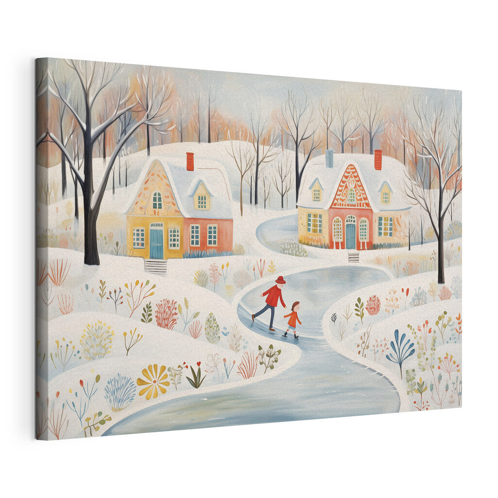 Painting of a couple of people skating on a snowy road Painting of a couple of people skating on a snowy road