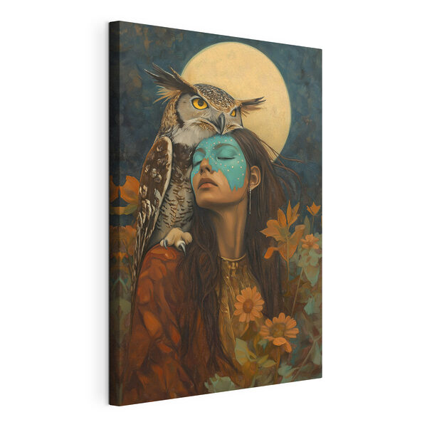 Painting of a woman with an owl on her head Painting of a woman with an owl on her head