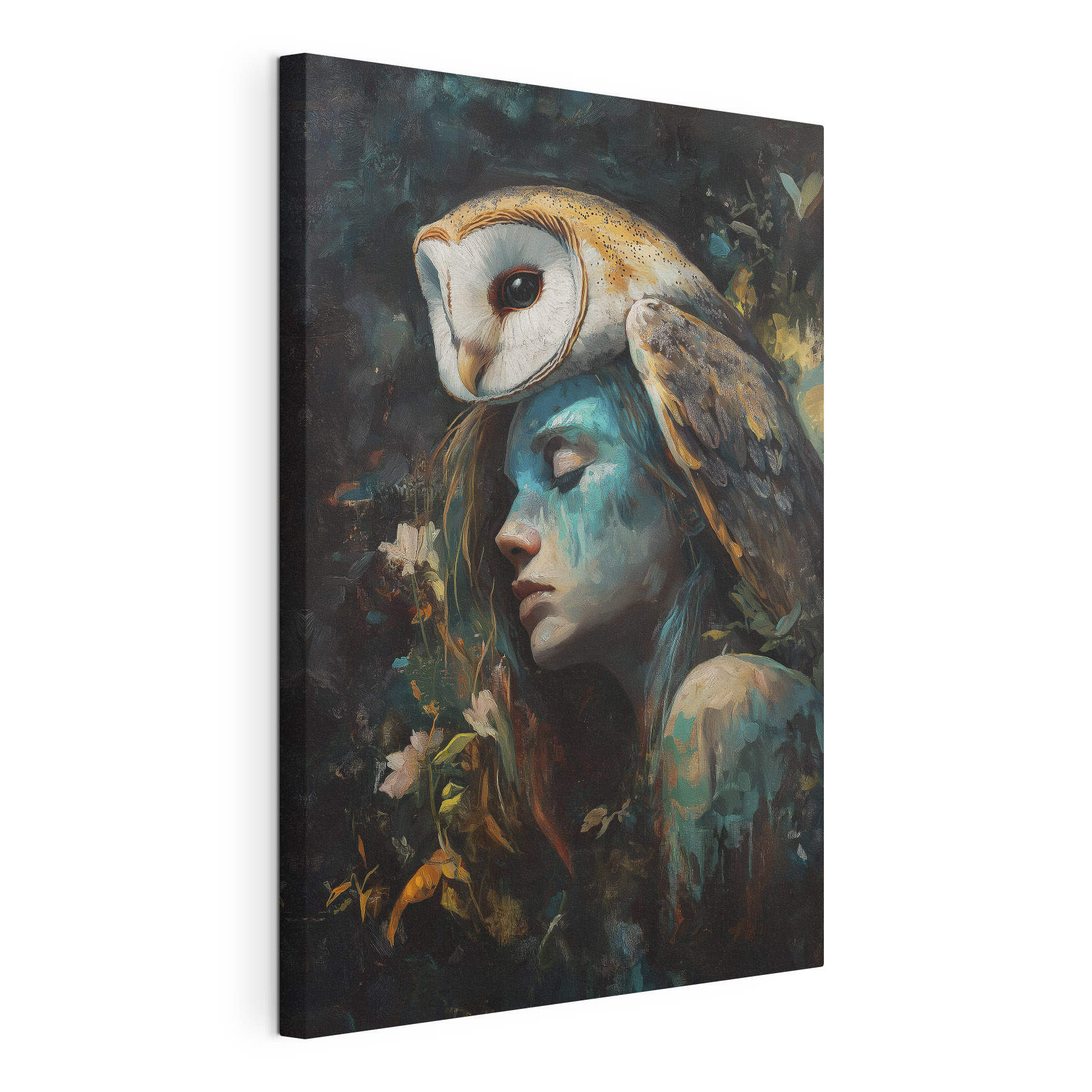 Painting of a woman with an owl on her head