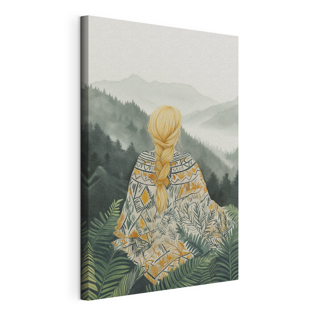 Woman sitting in a forest looking at mountains