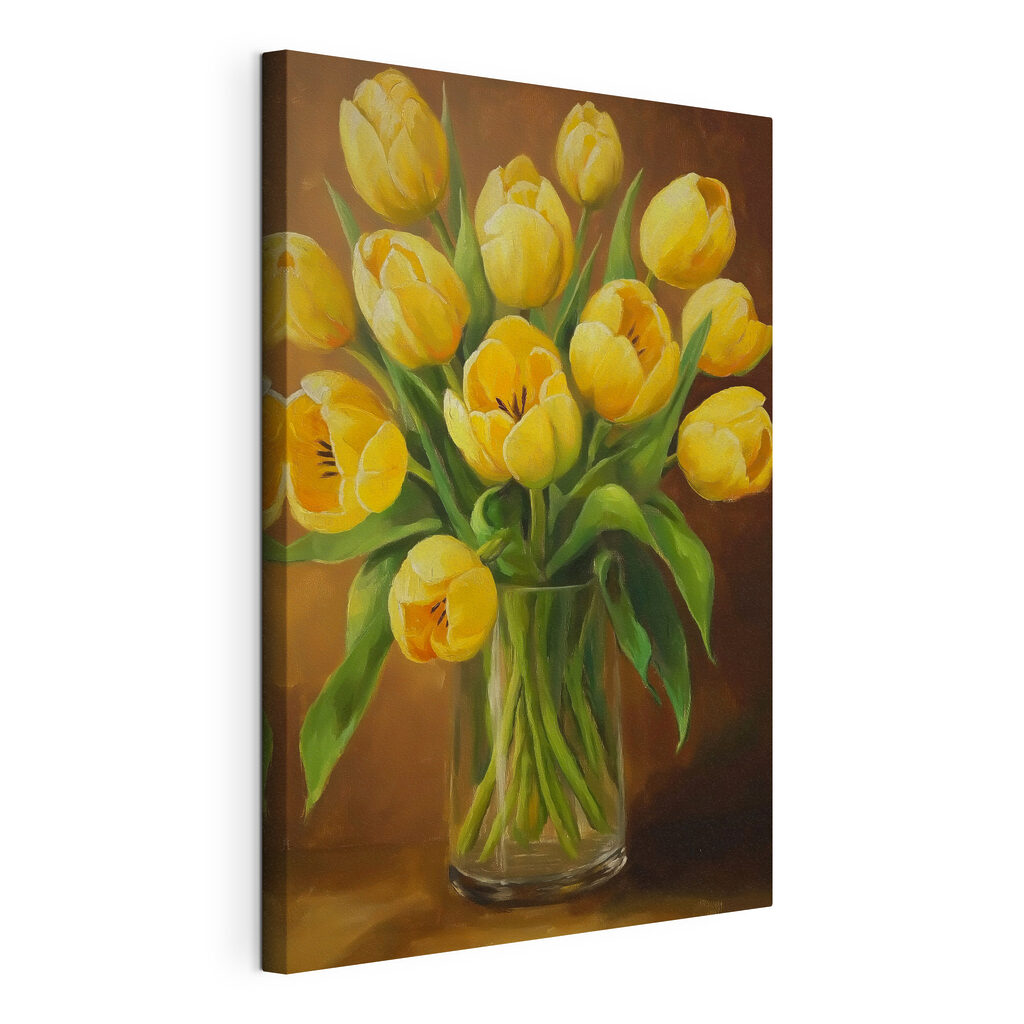 Painting of yellow tulips in a glass vase