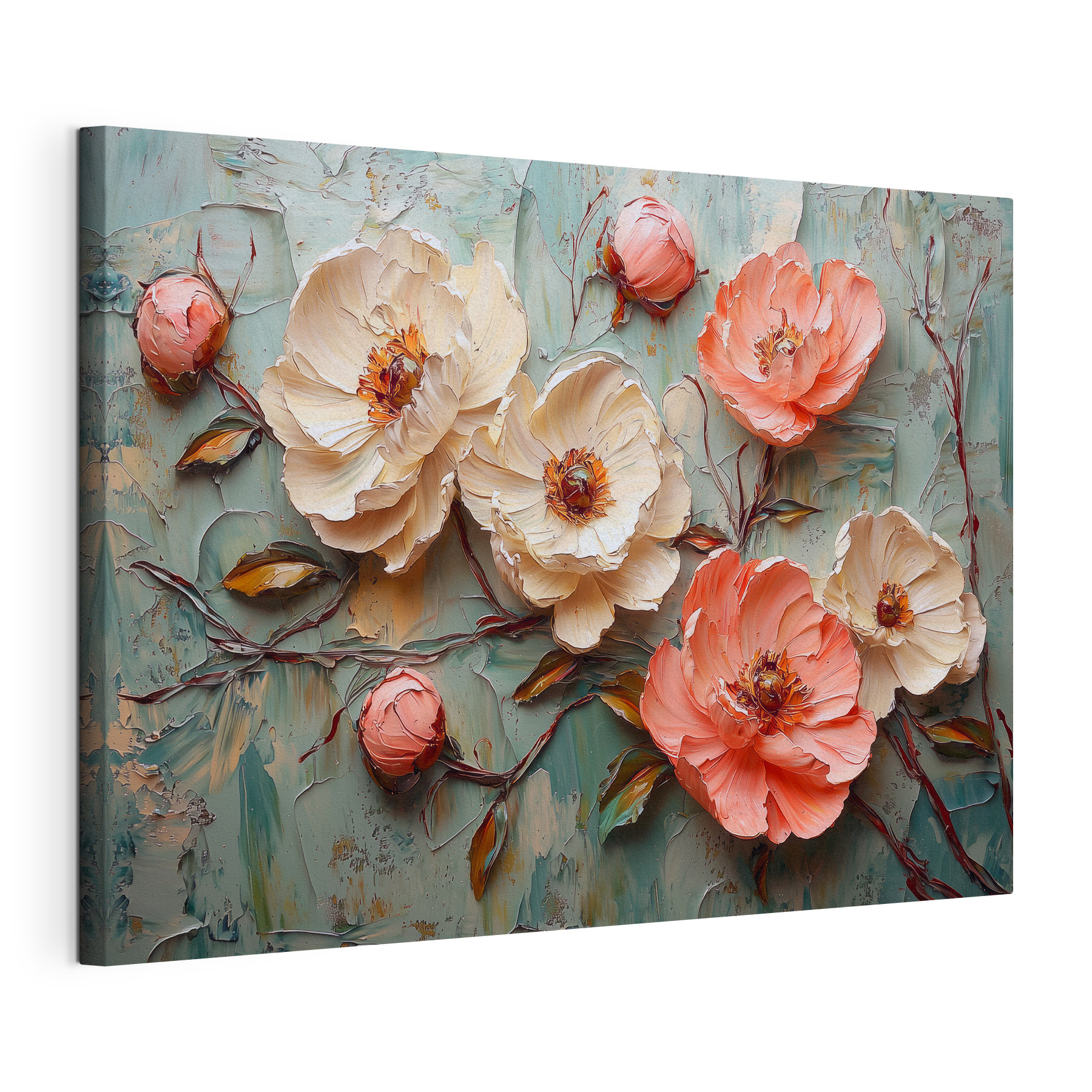Painting of flowers on a blue surface