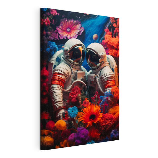 Dwóch astronautów w skafandrach kosmicznych i kwiaty Obraz Dwóch astronautów w skafandrach kosmicznych i kwiaty