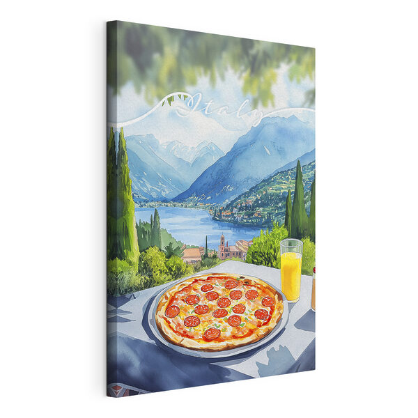 Pizza i sok na stole z górami i drzewami Obraz Pizza i sok na stole z górami i drzewami