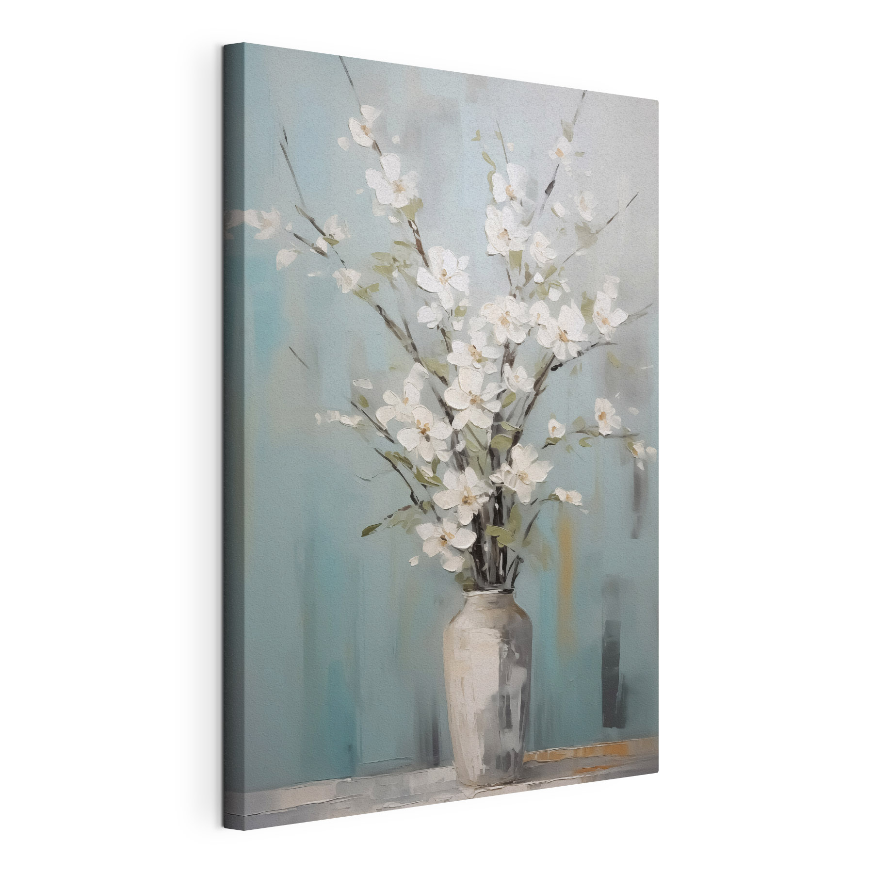 Painting of a vase with white flowers