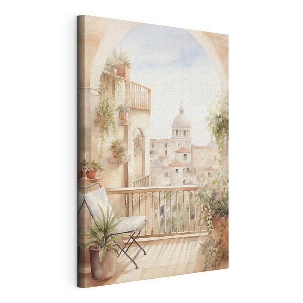 Watercolor painting of a balcony with a view of a city
