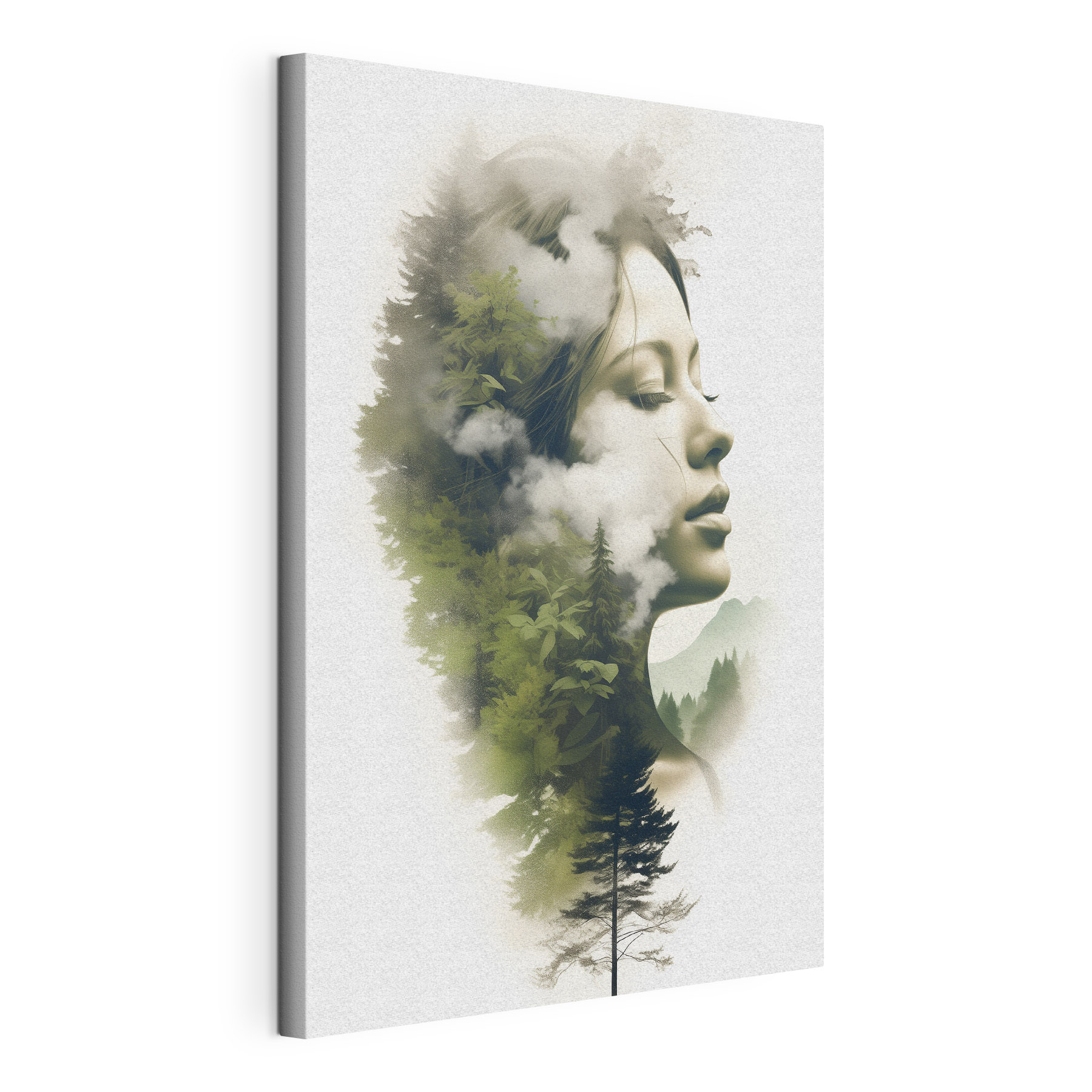 Woman's face with clouds and trees