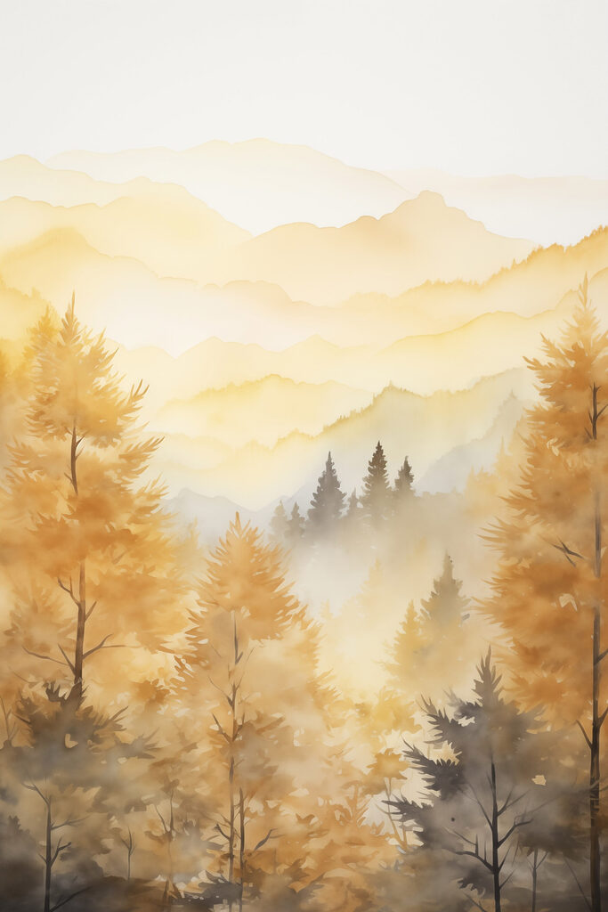 Painting of trees and mountains