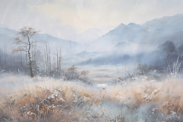 Landscape with a snowy field and mountains