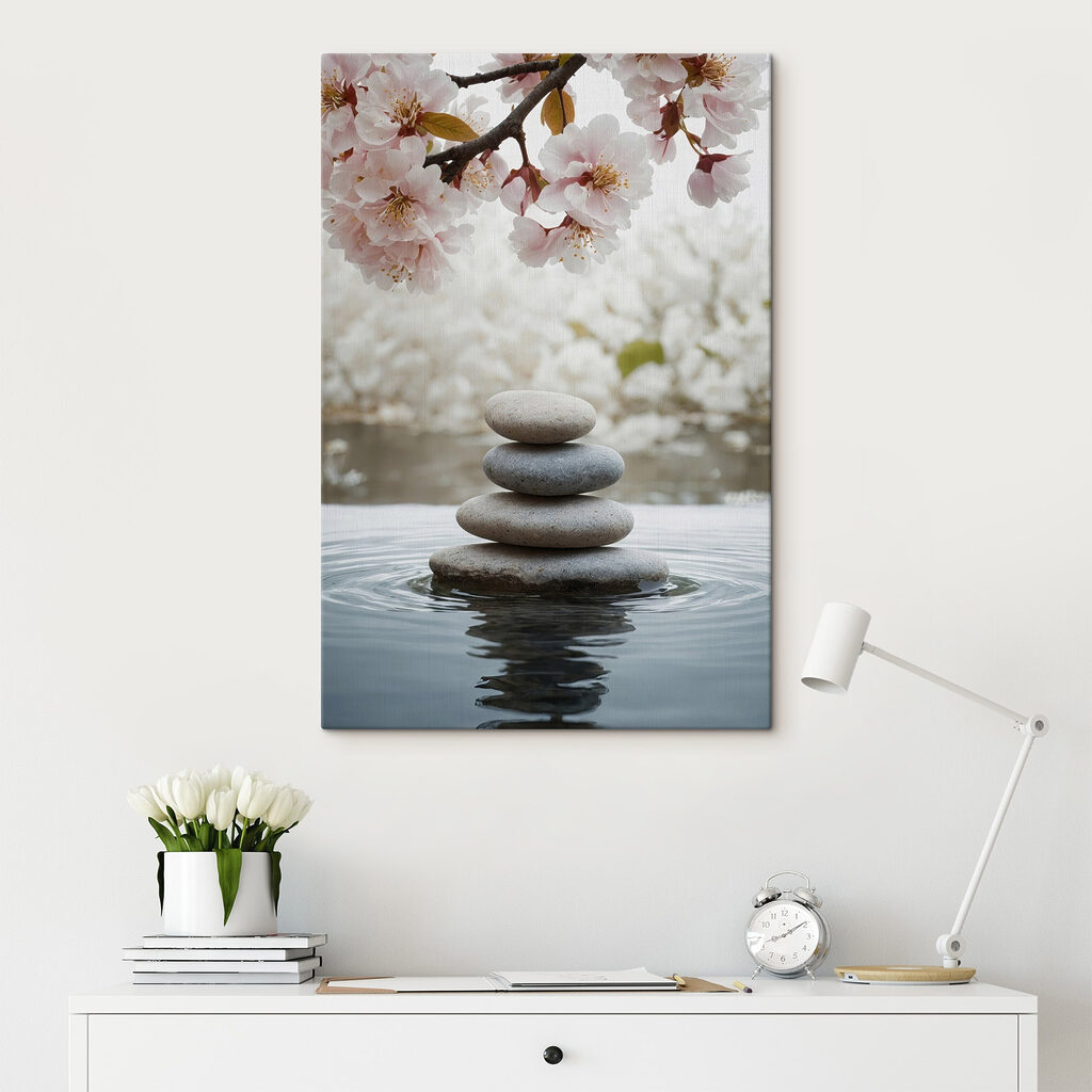 Stack of rocks in water with flowers in the background