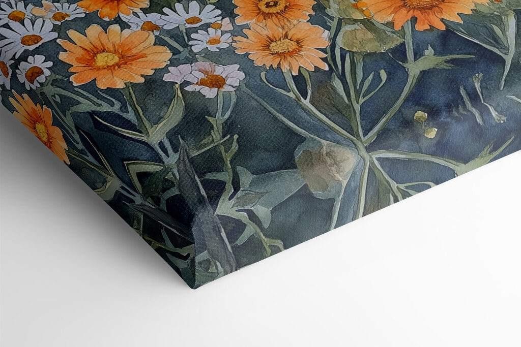 Painting of flowers on a cliff by the ocean