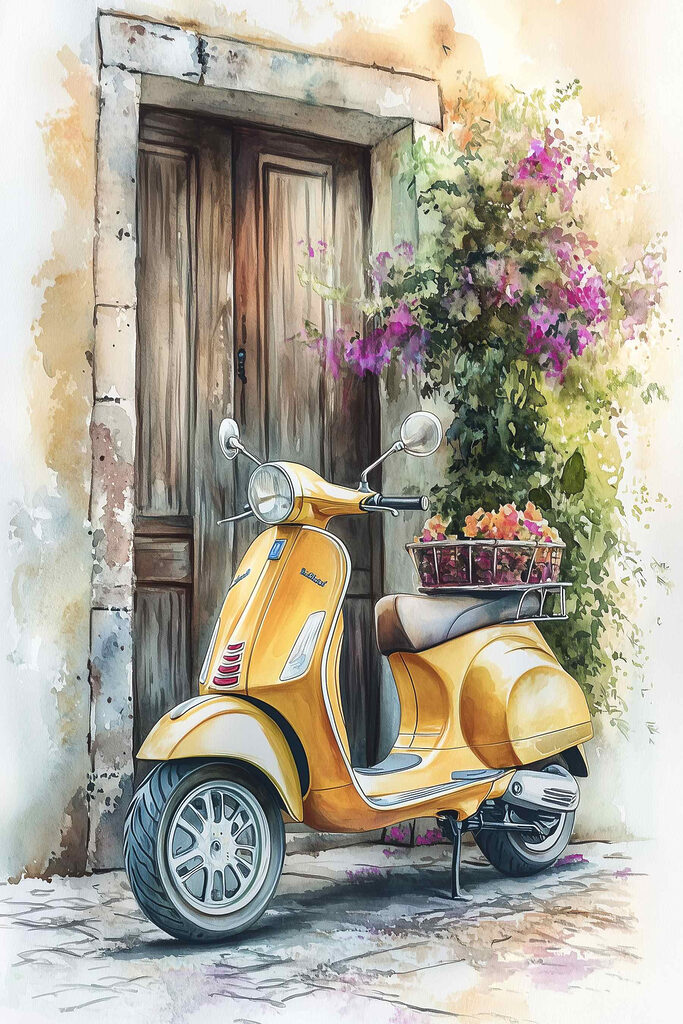 Yellow scooter with basket of flowers on the back