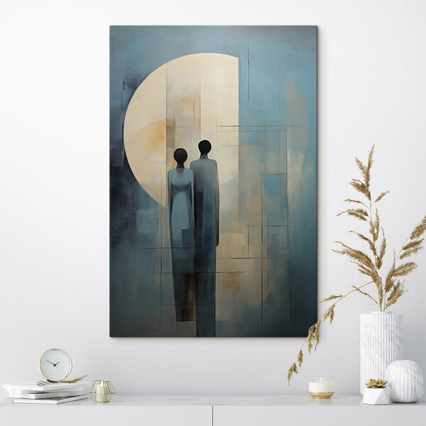 Painting of two people standing in front of a moon