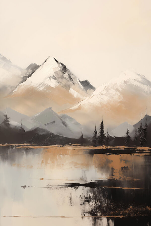 Painting of a mountain range and a lake