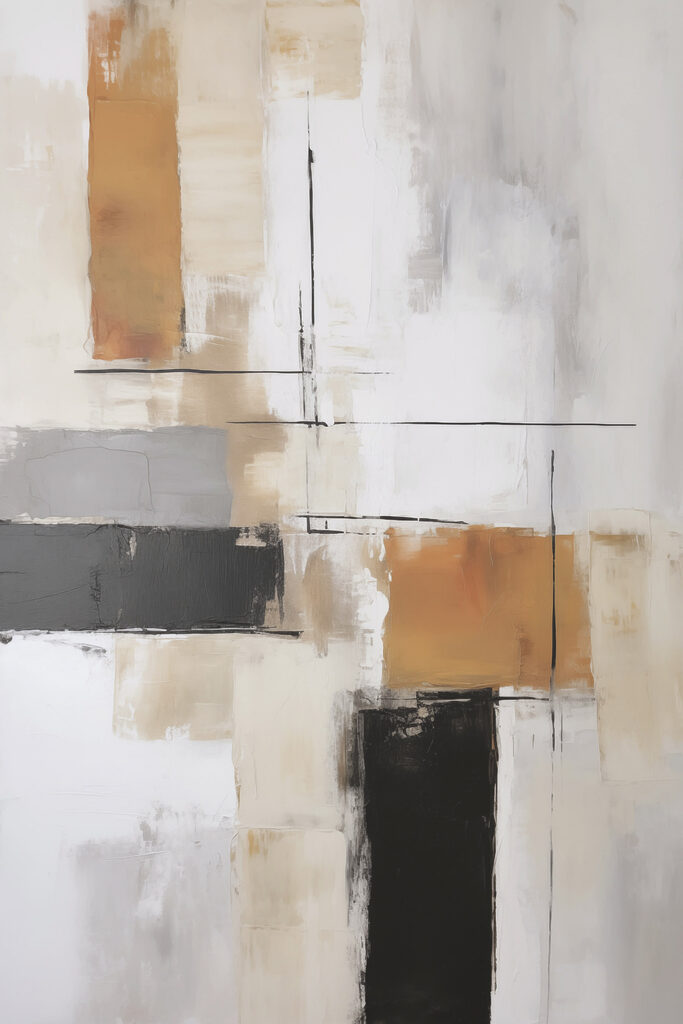 Painting of a white wall with black and brown squares Painting of a white wall with black and brown squares