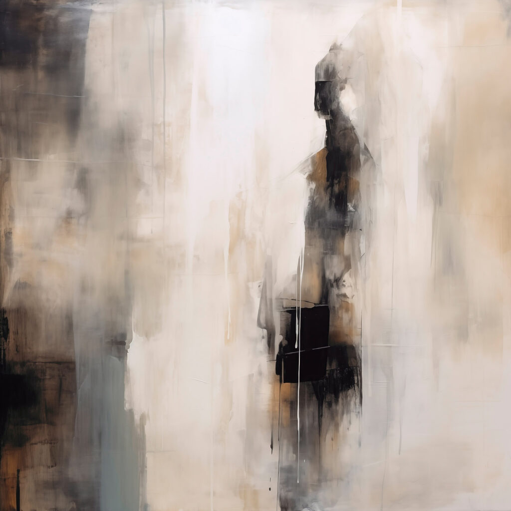 Painting of a person in a white and black suit