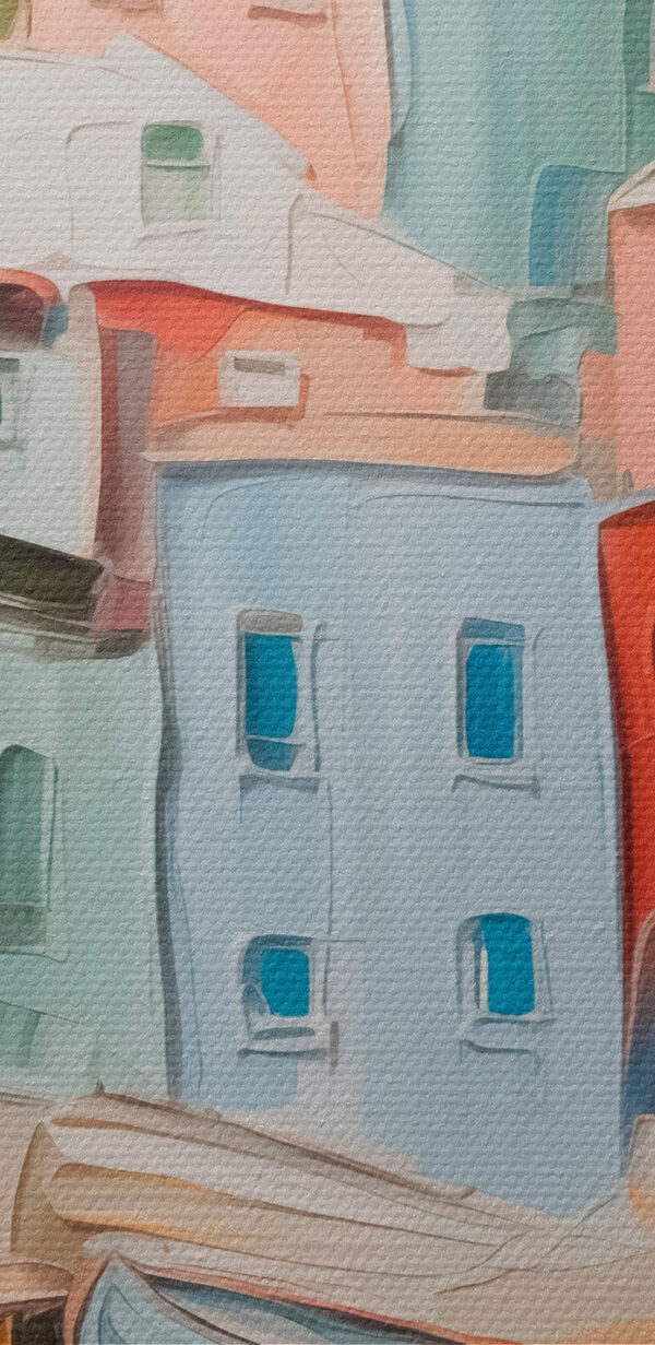 Painting of a city with boats on the water