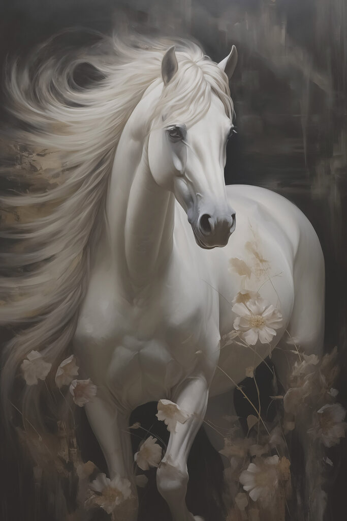 White horse with long mane and tail