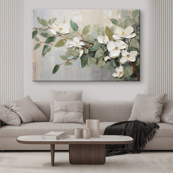 Painting of white flowers and green leaves