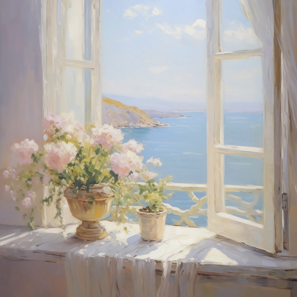 Painting of flowers on a window sill