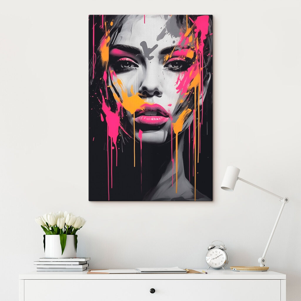 Woman with pink and yellow paint on her face Woman with pink and yellow paint on her face