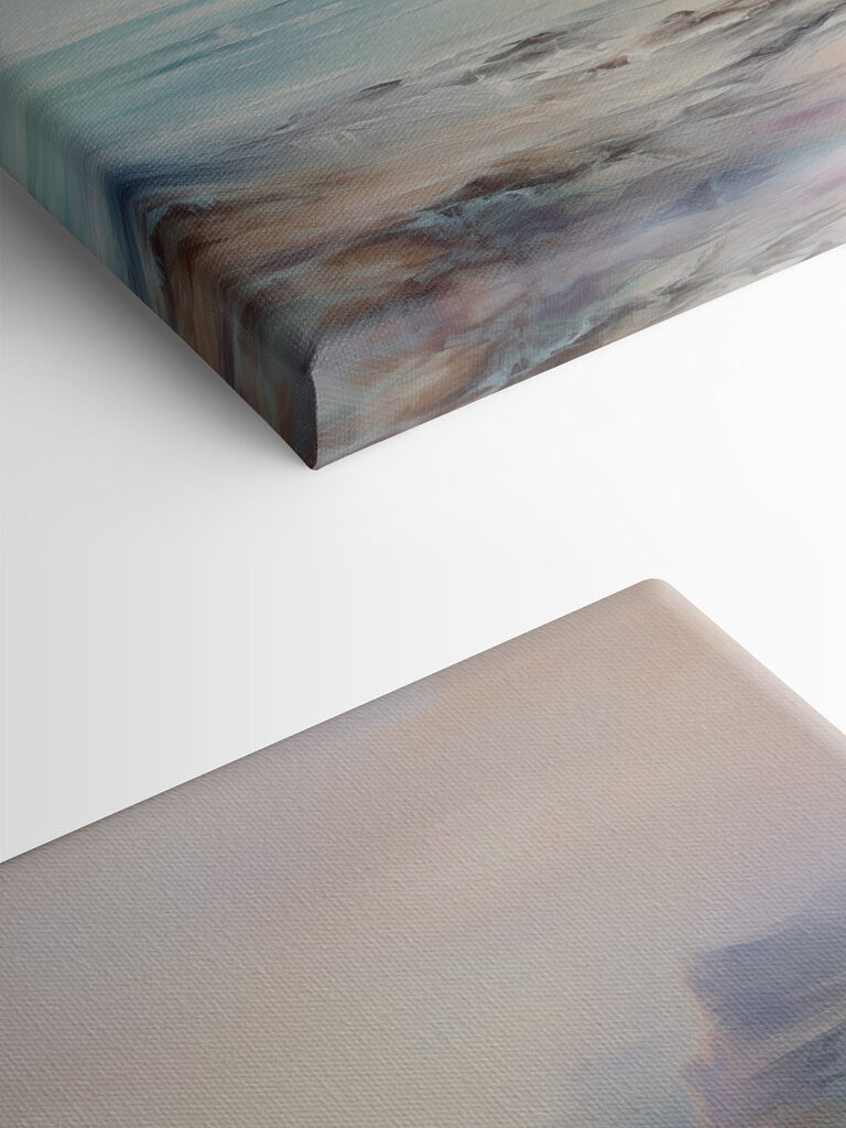 Painting of a landscape with mountains and water