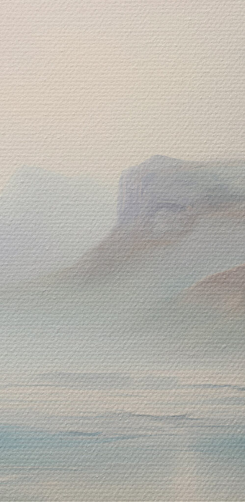 Painting of a landscape with mountains and water