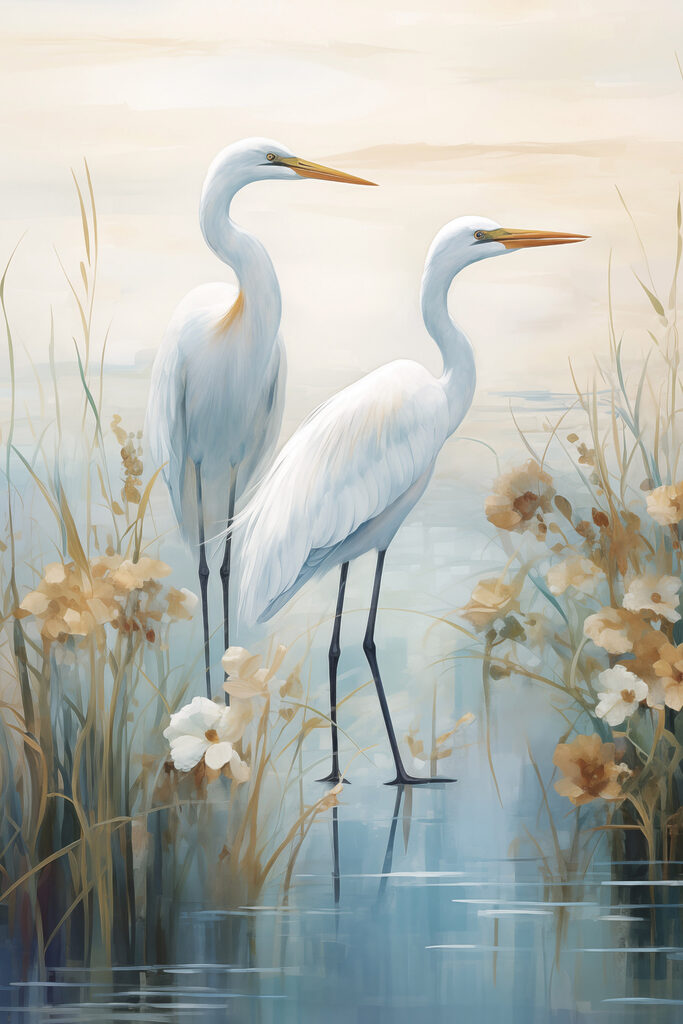 Painting of birds standing in water