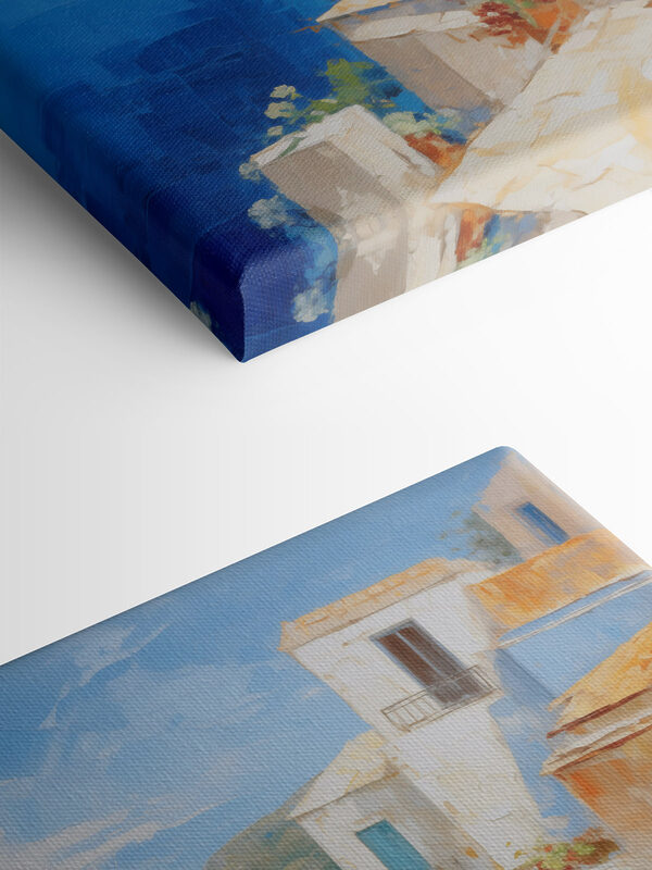 Painting of a white building with a blue sky and water