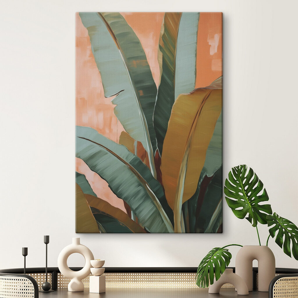 Vibrant tropical leaves against peach backdrop