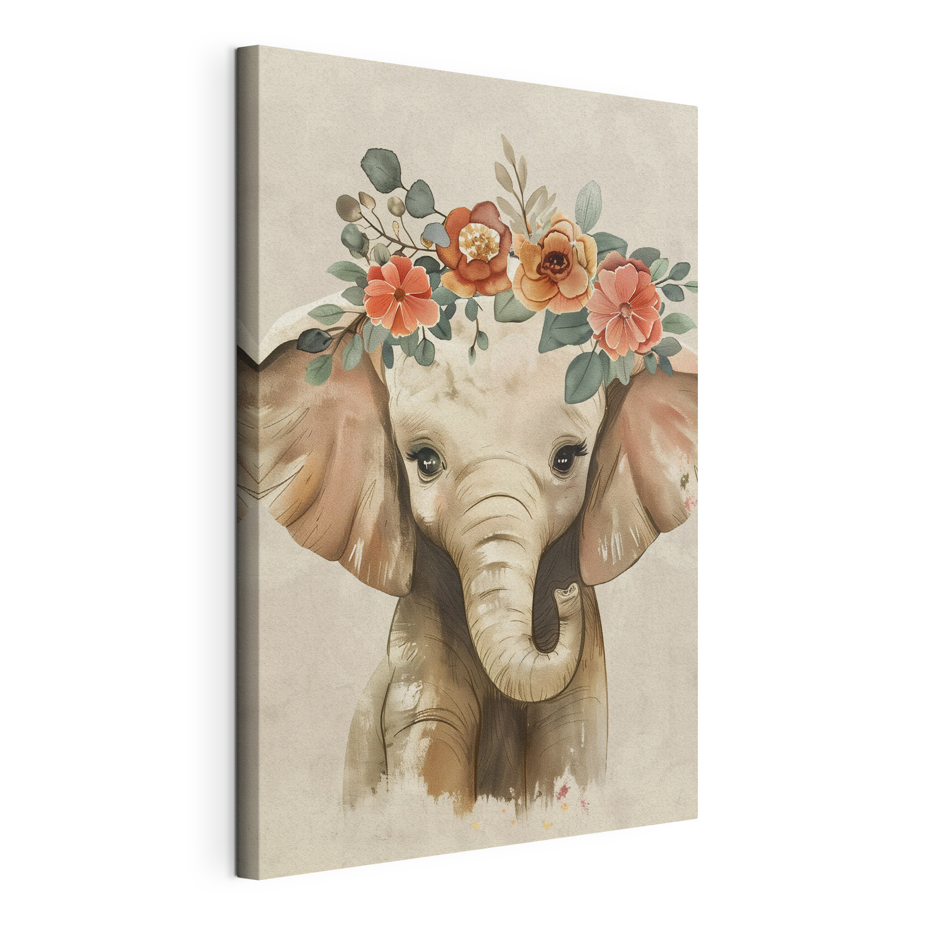 Baby elephant with flowers on its head