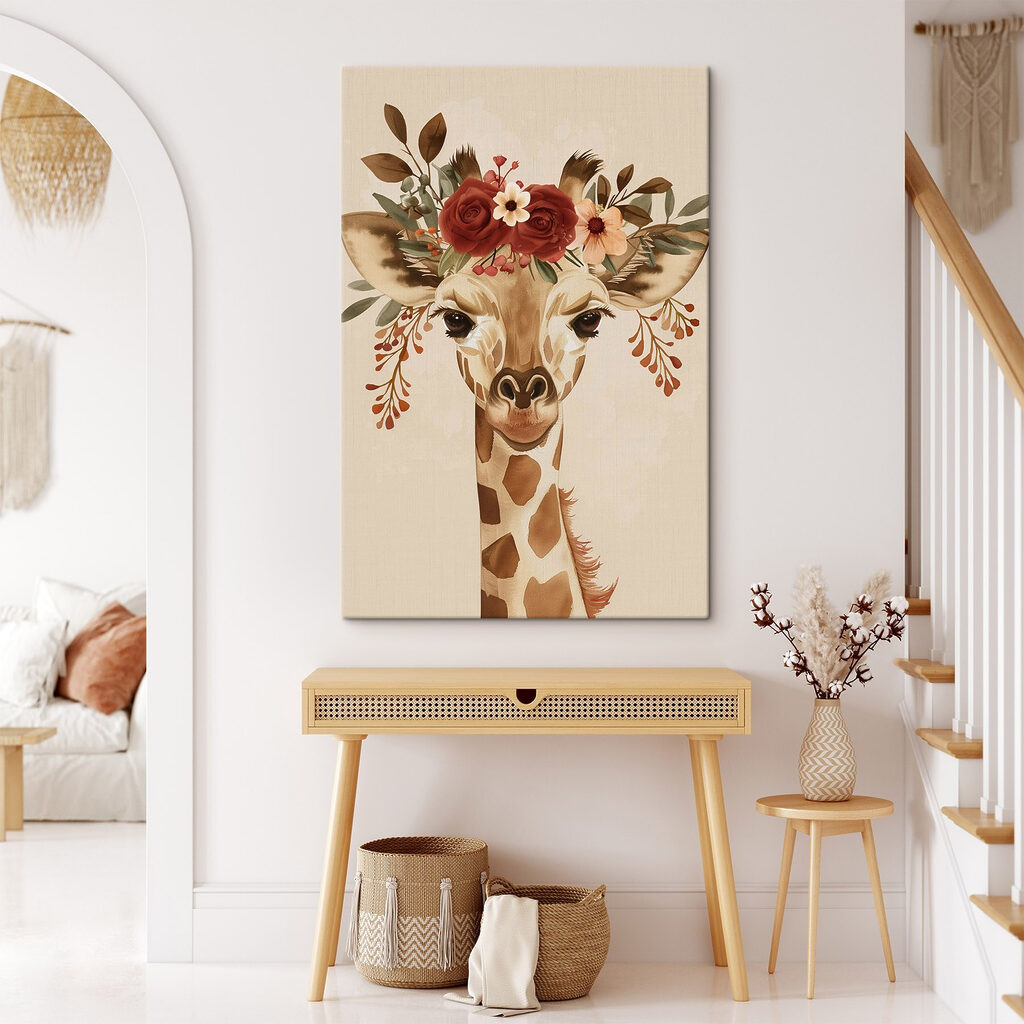 Giraffe with flowers on its head