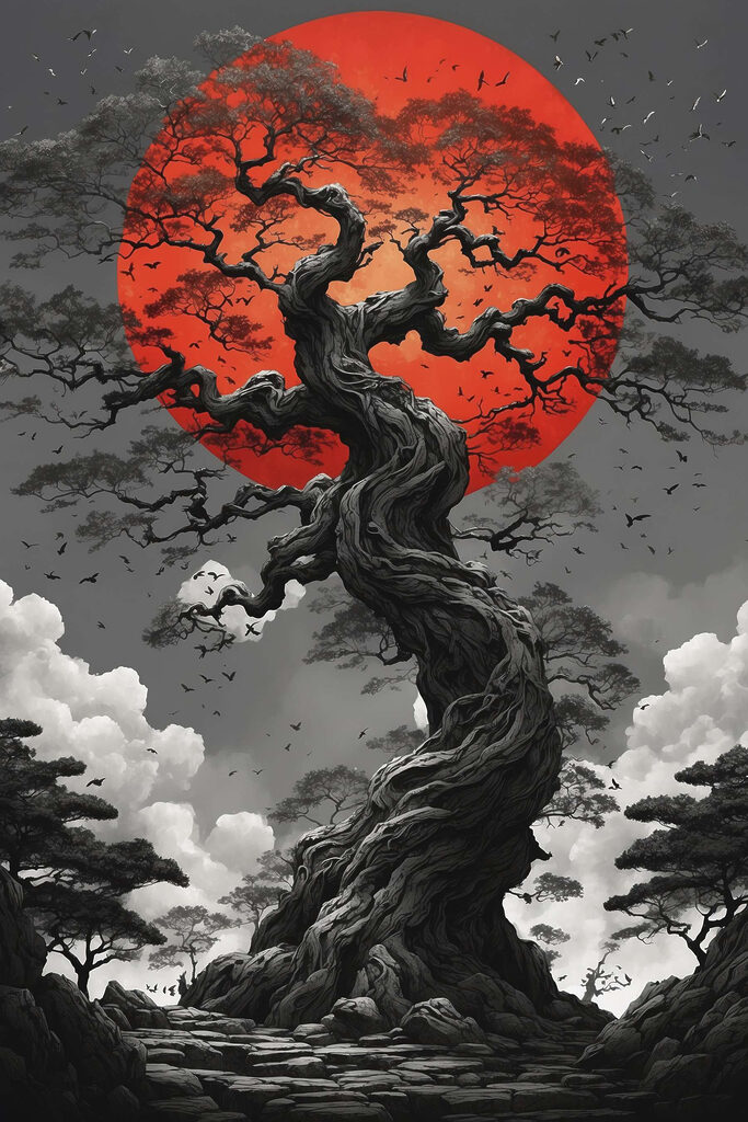 Tree with a red sun behind it Tree with a red sun behind it