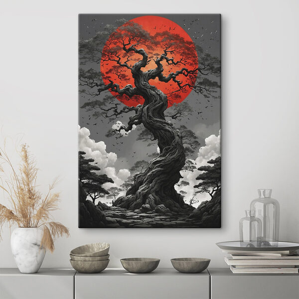 Tree with a red sun behind it Tree with a red sun behind it